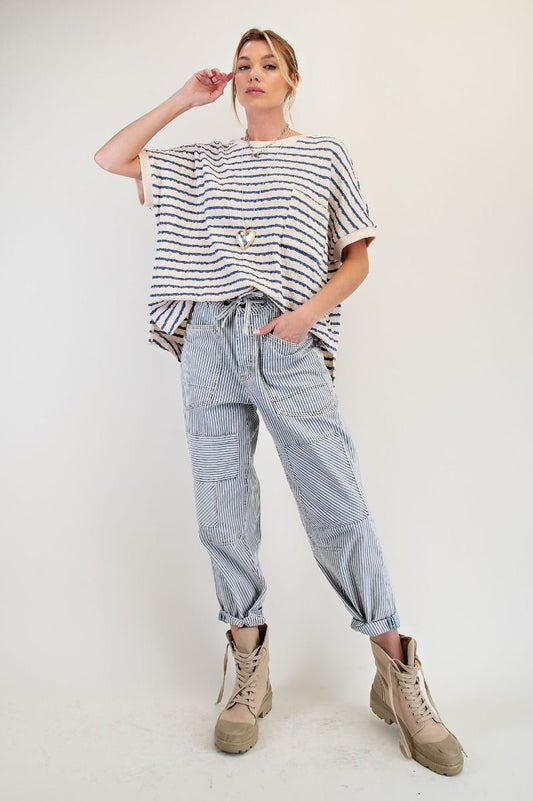 Ladies Easel Striped Washed Twill Low Slug Jeans - Washed Denim