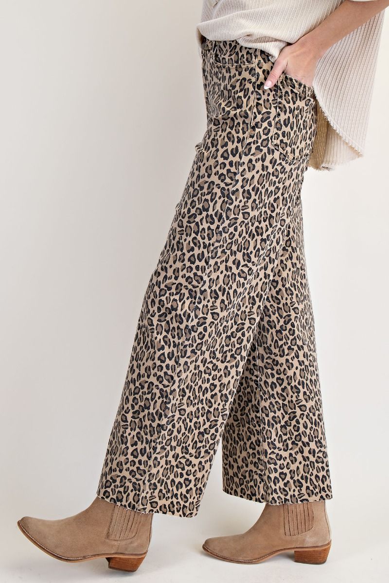Ladies Easel Animal Print Washed Twill Pants - Camel