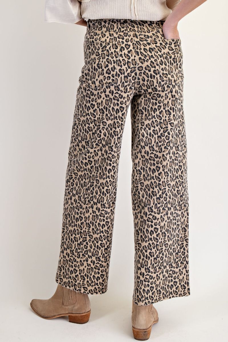 Ladies Easel Animal Print Washed Twill Pants - Camel