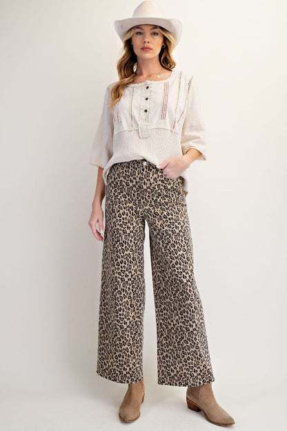 Ladies Easel Animal Print Washed Twill Pants - Camel