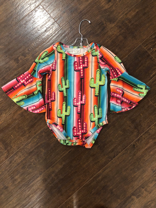 Girls Cactus on Serape Stripe Onesie w/Bell Sleeves