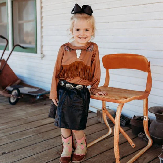 Girls Tan Steer Head Fringe Tee by Shea Baby