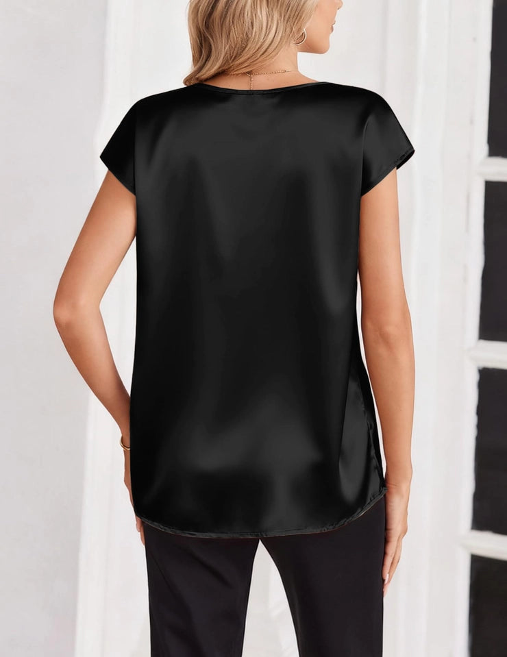 Ladies V Neck Short Sleeve Satin Blouse with Relaxed Fit-Black