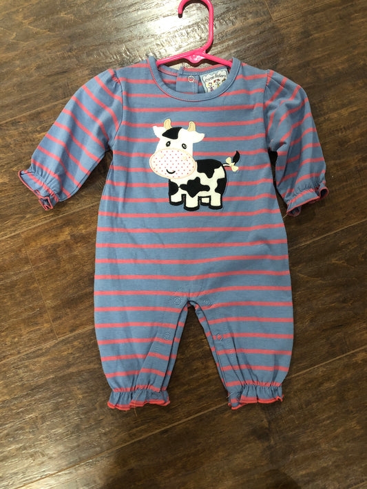 Girls Cow on Blue/Mauve Stripe Romper by Three Sisters
