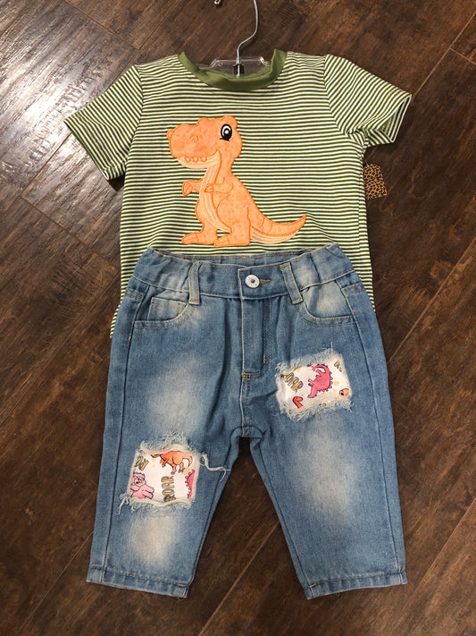 Girls 2 Pc Dinosaur Stripe T-Shirt & Blue Jeans