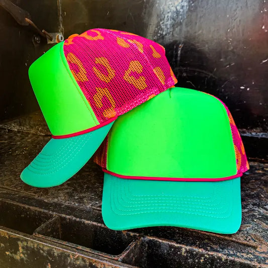 Ladies Neon Leopard Magna Pony Mesh Trucker Hat