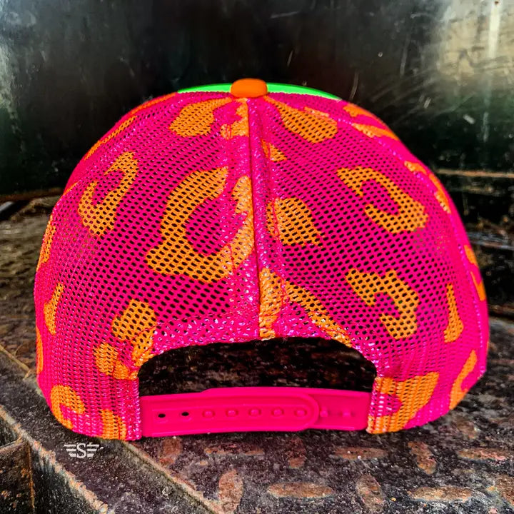 Ladies Neon Leopard Magna Pony Mesh Trucker Hat
