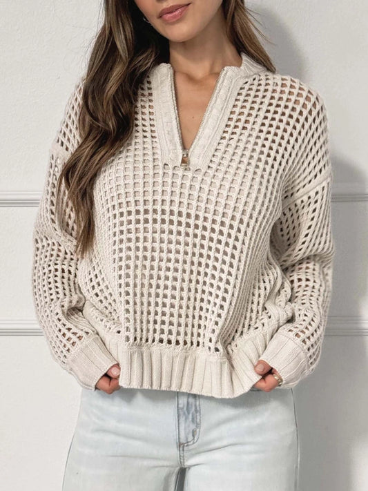 Ladies Zipper Half Open Hollow Long Sleeve Top