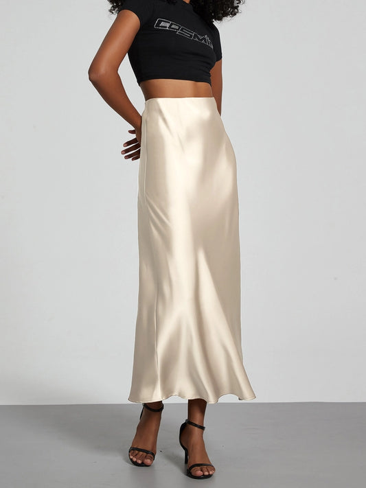 Ladies Solid Color Glossy Mid Length Skirt