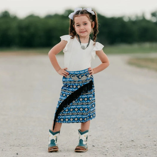 Girls Blue Aztec Long 3/4 Fringe Skirt by Shea Baby