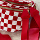 Ladies Farah Checkered Print Wide Strap Crossbody Bag-Red/White
