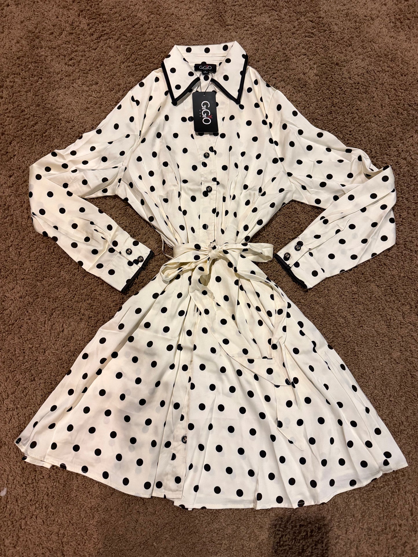 Ladies Polka Dot Shirt Dress with Pleated Waist and Bow Details Buttons-Black
