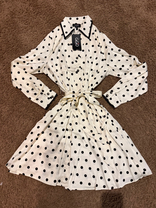 Ladies Polka Dot Shirt Dress with Pleated Waist and Bow Details Buttons-Black