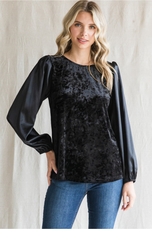 Ladies Mixed Fabric Top With U-Neck and Long Peasant Sleeves by JODIFL