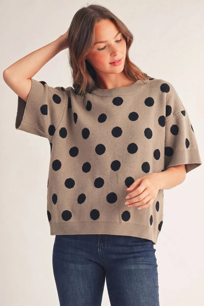 Ladies Short Sleeve Poka Dot Sweater-Taupe
