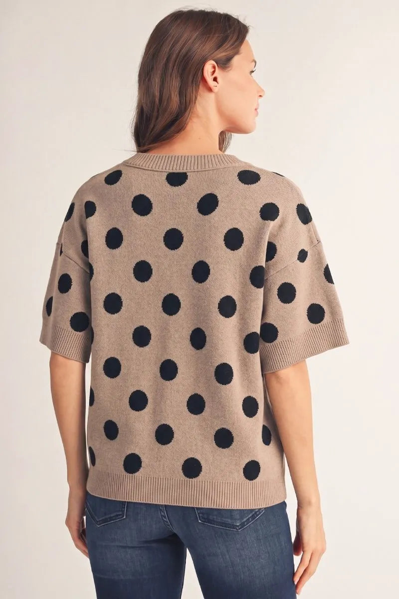 Ladies Short Sleeve Poka Dot Sweater-Taupe