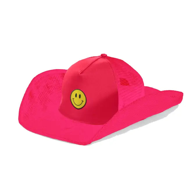 Ladies Smiley Face Mesh Cowboy Snapback-Hot Pink