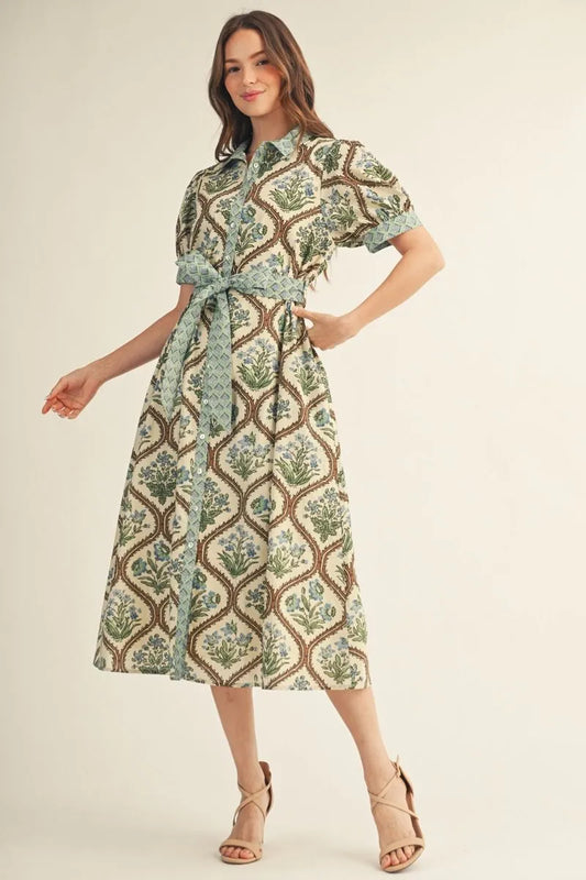 Ladies Short Sleeve Button Down Floral Midi Dress-Natural Mix