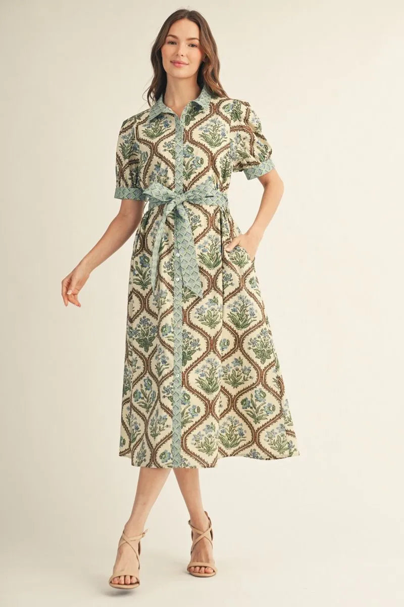 Ladies Short Sleeve Button Down Floral Midi Dress-Natural Mix