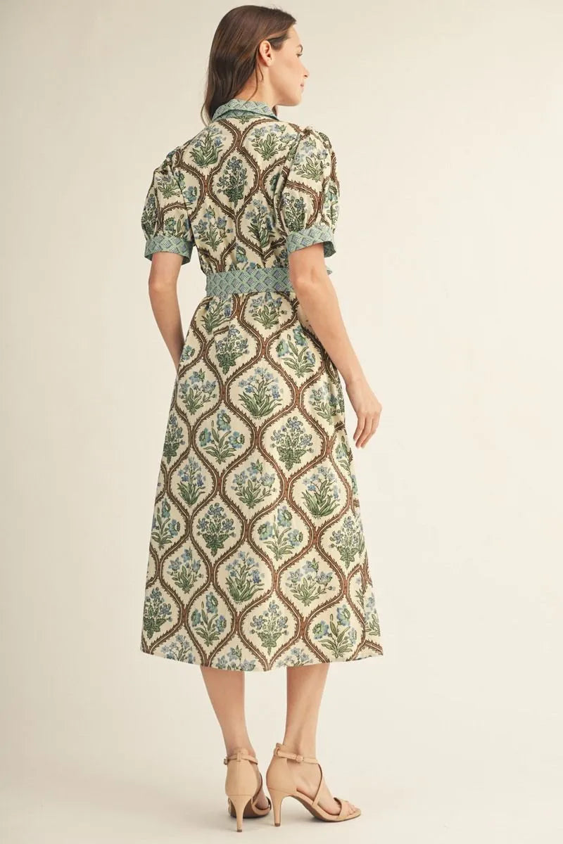 Ladies Short Sleeve Button Down Floral Midi Dress-Natural Mix