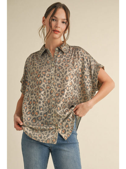 Ladies Jodifl Leopard Print Collared Button Up Top-Taupe