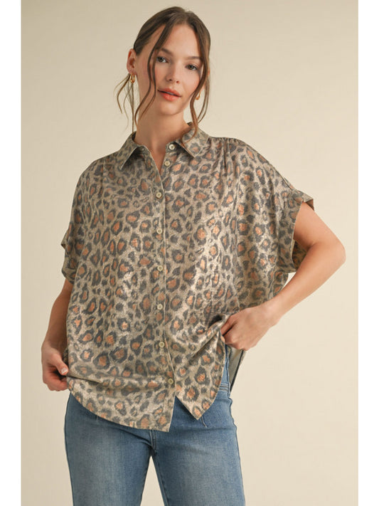 Ladies Jodifl Leopard Print Collared Button Up Top-Taupe