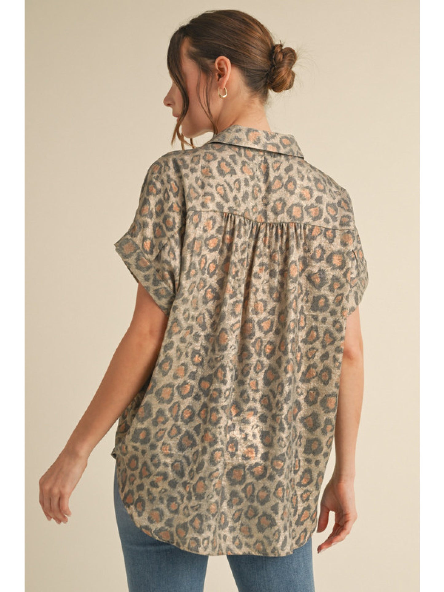 Ladies Jodifl Leopard Print Collared Button Up Top-Taupe