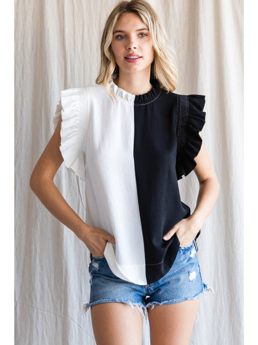 Ladies Colorblock Top With Frilled Neck And Ruffled Shoulder by JODIFL-Black/White