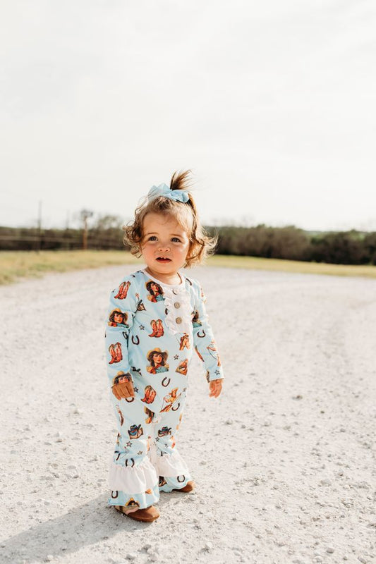 Girls Blue Vintage Cowgirl Long Sleeve Romper by Shea Baby