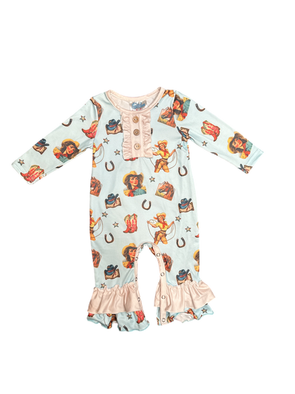 Girls Blue Vintage Cowgirl Long Sleeve Romper by Shea Baby