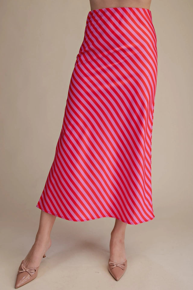 Ladies Elastic Band Midi Skirt-Pink and Red