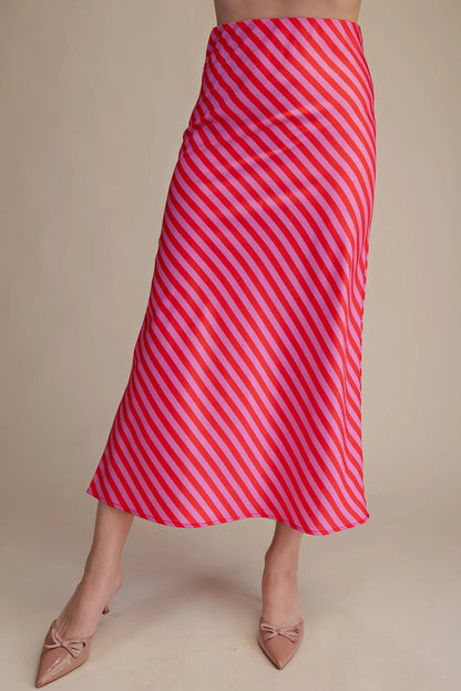 Ladies Elastic Band Midi Skirt-Pink and Red