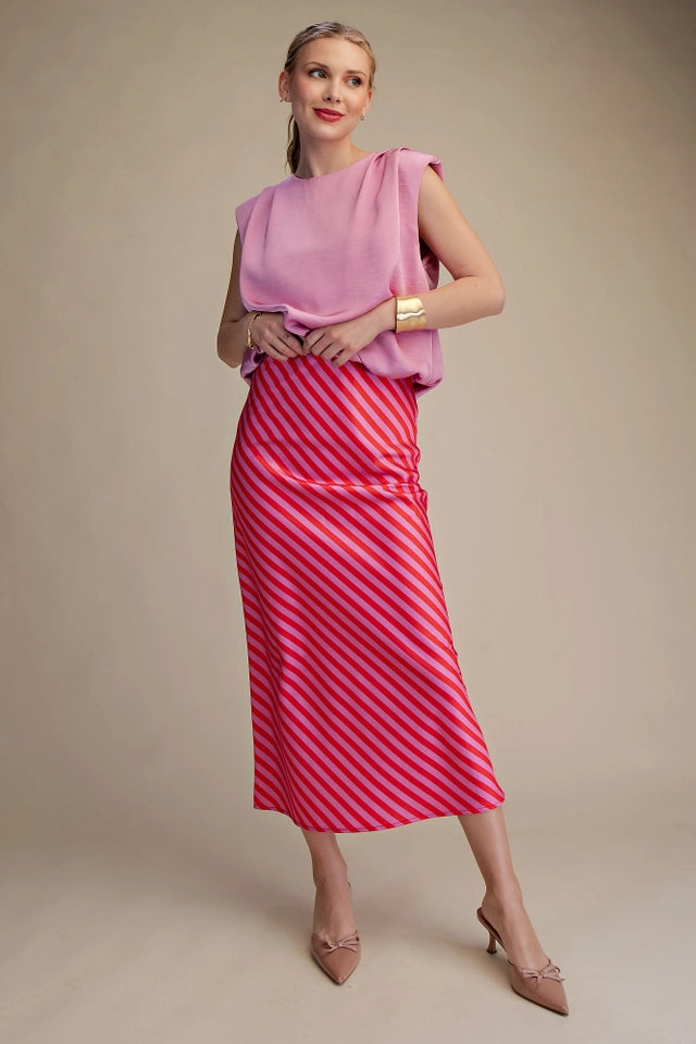 Ladies Elastic Band Midi Skirt-Pink and Red