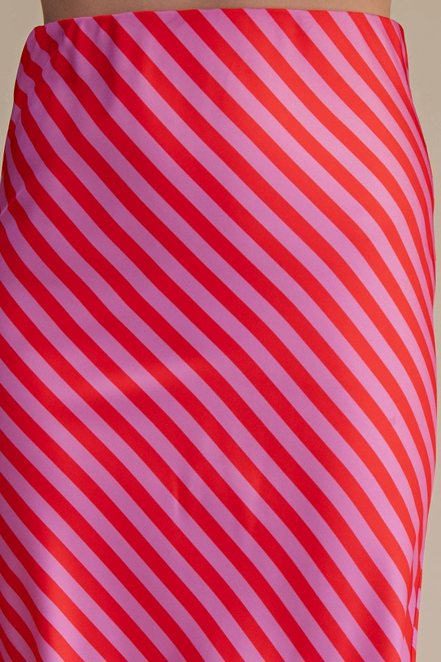 Ladies Elastic Band Midi Skirt-Pink and Red