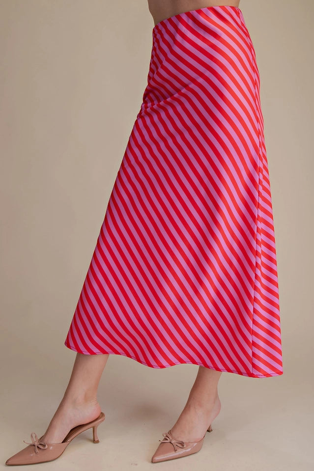 Ladies Elastic Band Midi Skirt-Pink and Red