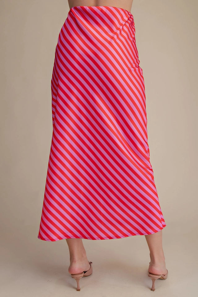 Ladies Elastic Band Midi Skirt-Pink and Red