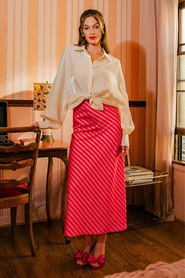 Ladies Elastic Band Midi Skirt-Pink and Red