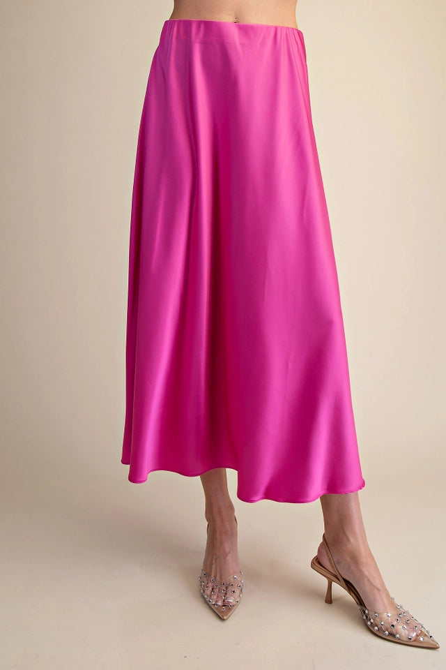 Ladies Satin Flare Midi Skirt-Magenta