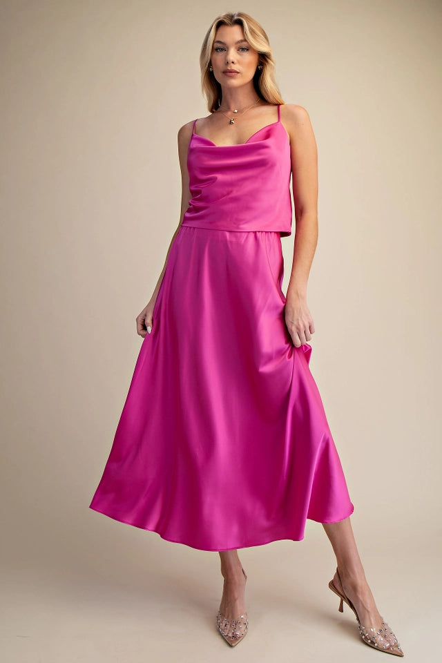 Ladies Satin Flare Midi Skirt-Magenta