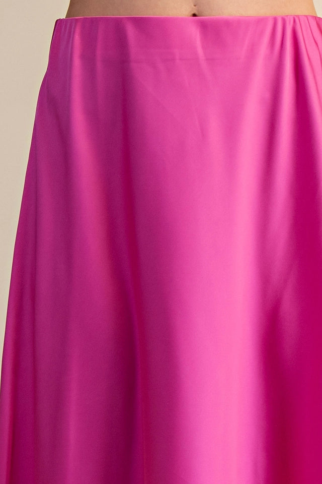 Ladies Satin Flare Midi Skirt-Magenta