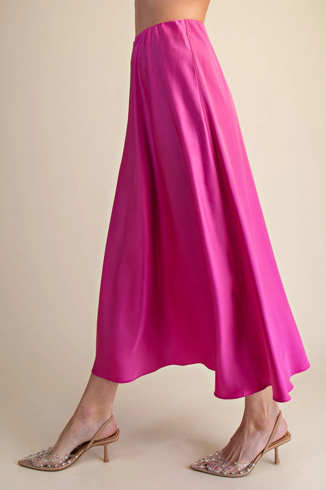 Ladies Satin Flare Midi Skirt-Magenta