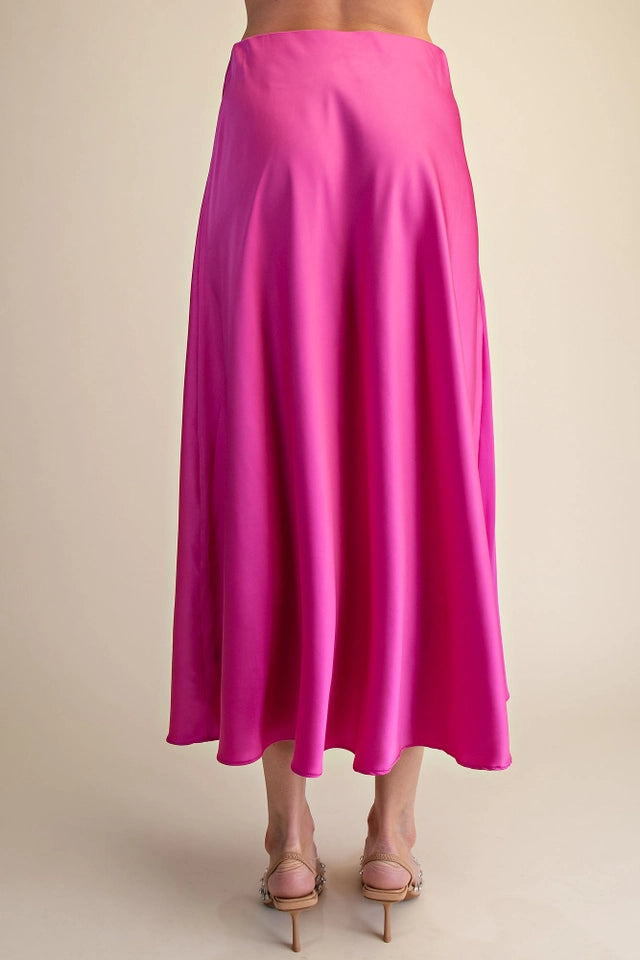 Ladies Satin Flare Midi Skirt-Magenta