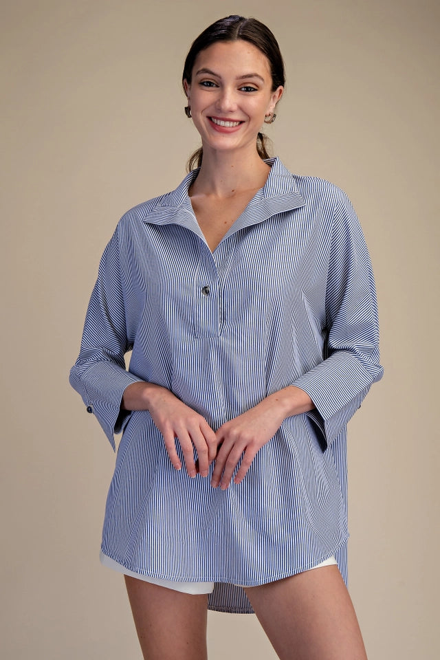Ladies Stand Neck Dolman Sleeves Shirt-Navy