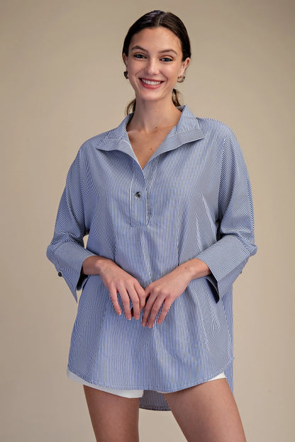 Ladies Stand Neck Dolman Sleeves Shirt-Navy