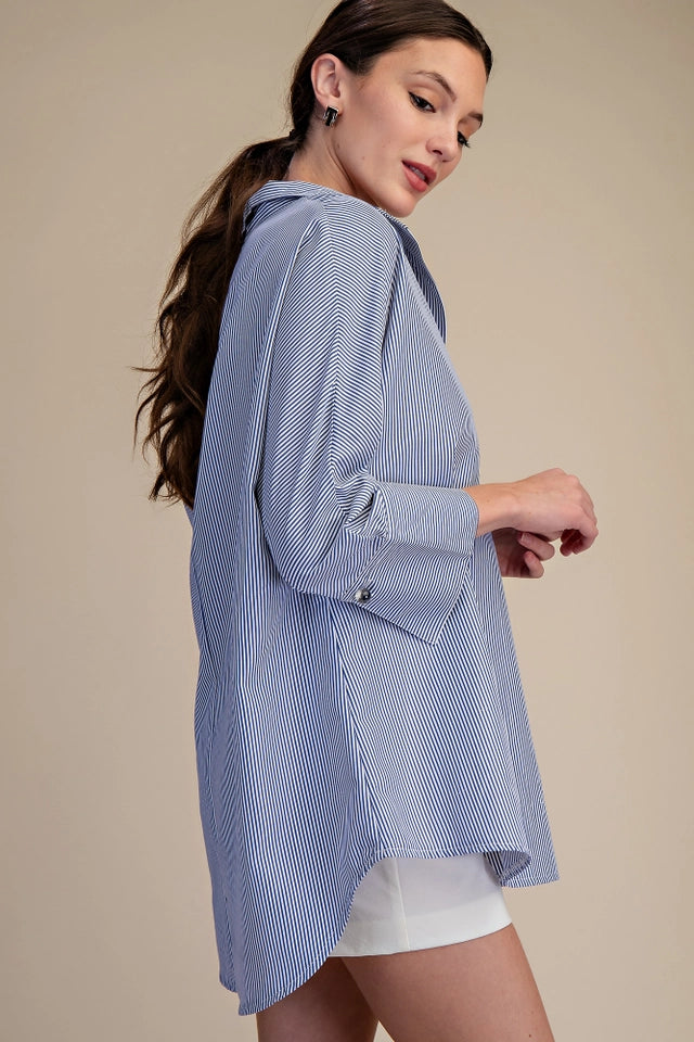 Ladies Stand Neck Dolman Sleeves Shirt-Navy