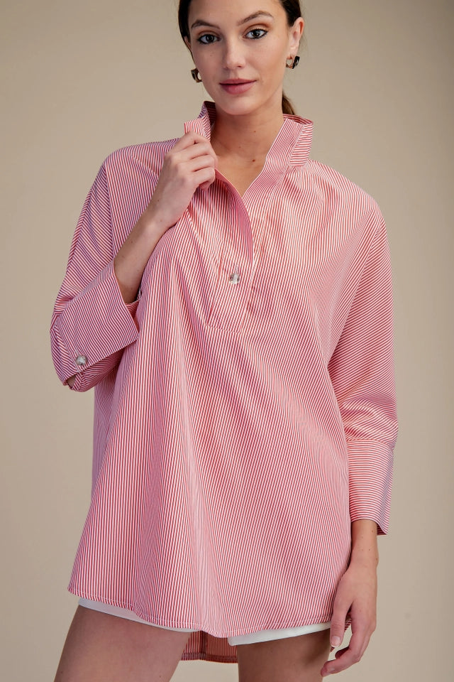 Ladies Stand Neck Dolman Sleeves Shirt-Red