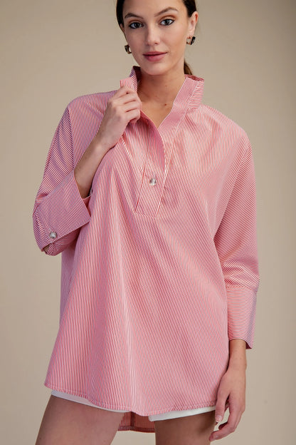 Ladies Stand Neck Dolman Sleeves Shirt-Red