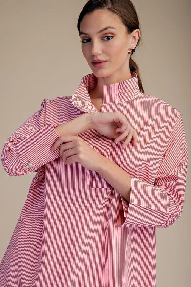 Ladies Stand Neck Dolman Sleeves Shirt-Red