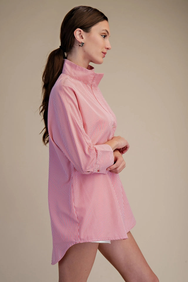 Ladies Stand Neck Dolman Sleeves Shirt-Red
