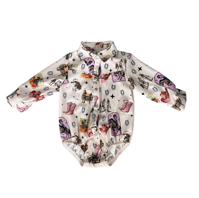 Girls Pink Vintage Cowgirl Pearl Snap Onesie or Shirt by Shea Baby